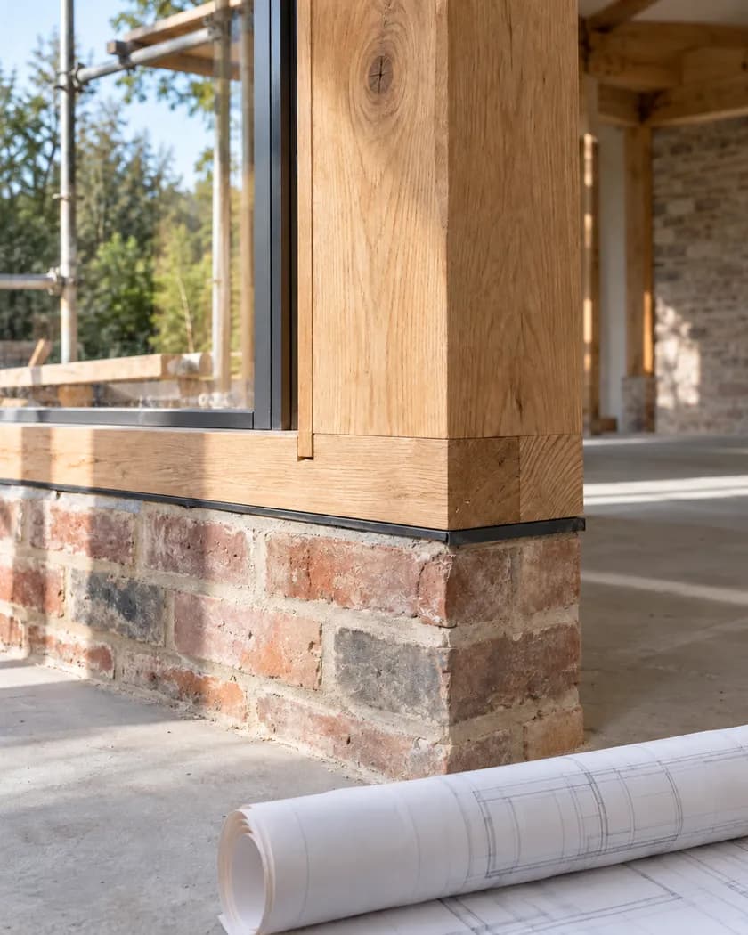 Illustrative timber and masonry construction detail beside rolled building plans