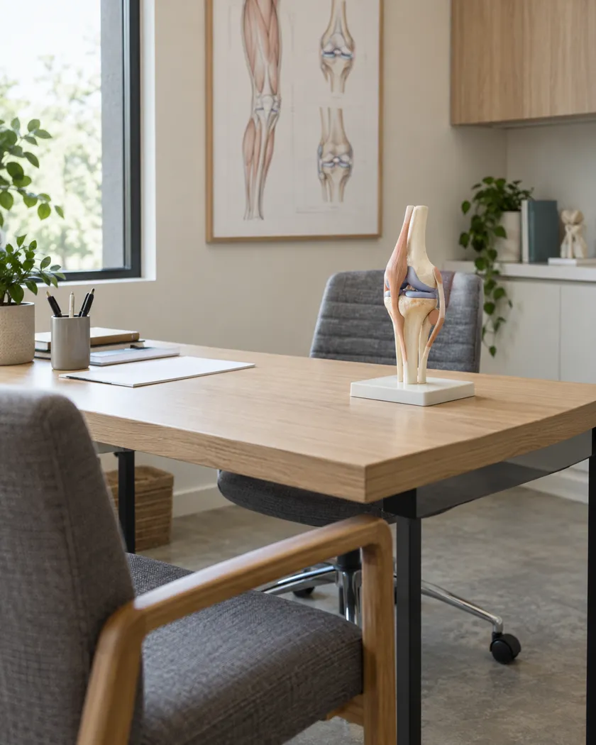 Illustrative consultation room with an anatomical joint model on the desk